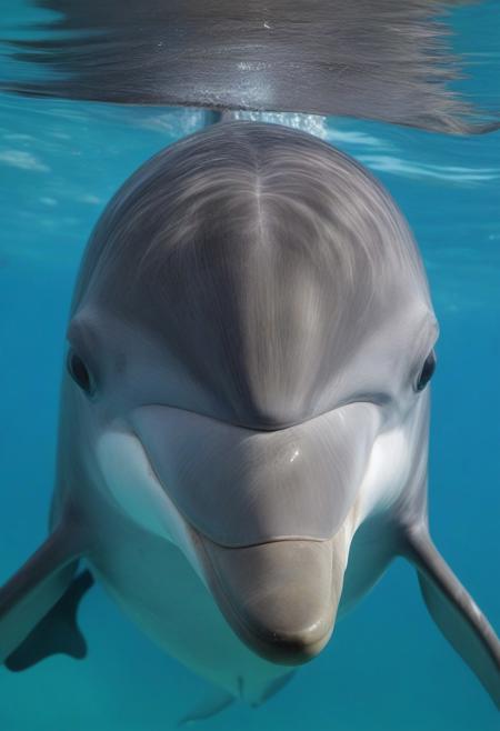close-up of the face of a dolphin, underwater view