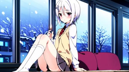 <lora:furano4:1:RMCT>1girl,solo,hair ornament,(blush:1.2),white hair,short hair,furano_cloth,
 jewel-like eyes,silence,
school uniform, detailed eyeys,
sitting_on_sofa,(full body1.1), 
dusk,windows,snow cover,snow,
sonw,wind,dim light,haze,candle, night sky,
cinematic angle,looking ahead, from side