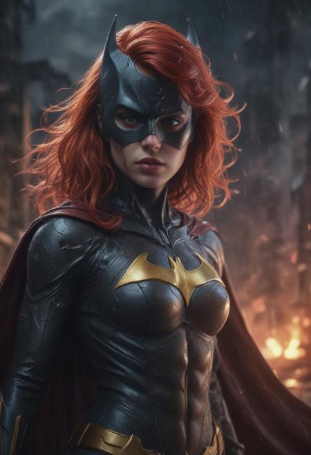 High resolution ultra-realistic of beautiful realistic Batgirl fighting against alien invasion, cinematic style, standing on a bloody and stormy battlefield in a fighting pose, bloody massacre, realistic modern combat costume, black mask, red cape, perfect athletic figure, wavy red hair, handsome dirty bloody face, beautiful perfect detailed pupils, wet oily shiny skin, covered in dirt and blood, beautiful firm Breasts, defiant and seductive, sexy 20 year old girl, 8k resolution concept art portrait by Greg Rutkowski, Dark Gotham City, Artgerm, WLOP, Alphonse Mucha, dynamic lighting, hyperdetailed, intricately detailed, Splash art trending on Artstation triadic colors, Unreal Engine, 5 volumetric lighting, Cinematic Lighting, intricate, smooth, sharp focus digital painting, Asymmetrical Balance, painting, dynamic lighting