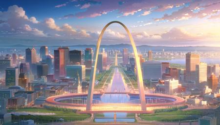 the St. Louis Arch by Makoto Shinkai, vivid colors, clean intricate highly detailed 4k wallpaper