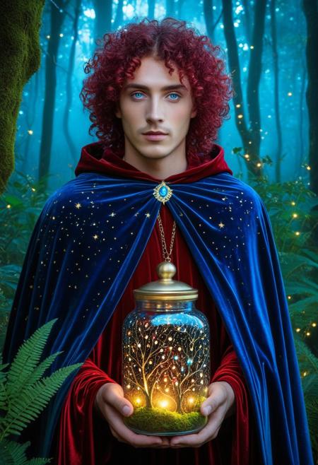 (Masterpiece, Best Quality, Ultra-Detailed: 1.3), RAW photo, 8K UHD,
1 adult male, mystical heterochromia (gold/azure), undulating crimson curls, ethereal and luminescent skin, petite figure, velvet cape with constellation motifs,
[Enchanted forest, bioluminescent plants], [Fireflies captured in a glass jar],
mystical atmosphere, volumetric rays, intricate details