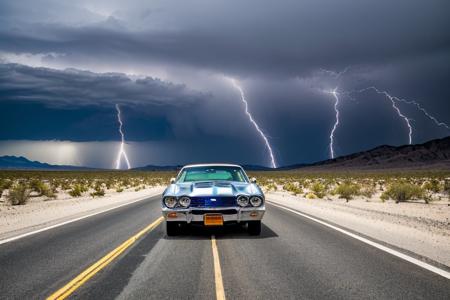 ((best quality)), ((masterpiece)), ((realistic)), (detailed),4K, absurdres, HDR,
powder blue Ford Torino 500 302 driving on the highway throught the death valley desert, chrome, glossy chassis, dramatic scene, thunderstorm with lightnings at the horizon, dramatic angle, low angle, focus front wheelâââ