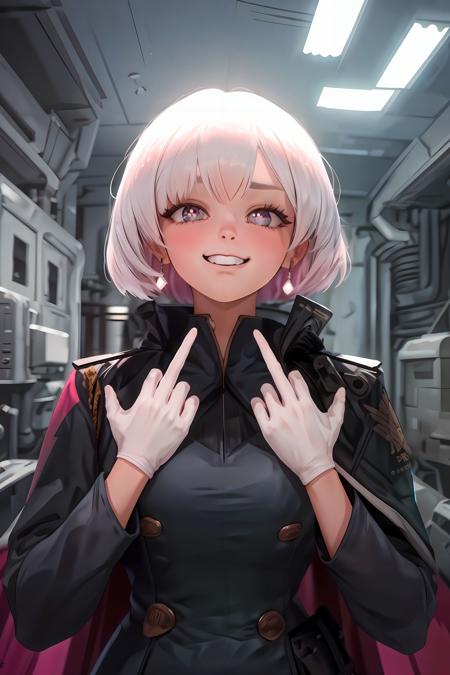 <lora:sd15_lcm_lora_rank1:1>,<lora:LiliweissV2:0.8>,1girl,solo,looking at viewer,earrings,liliweissx,closed mouth,blush,military uniform,white gloves,black dress,middle finger,indoors,room,evil grin,white hair,short hair,cape,engine room,