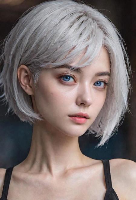 (masterpiece), 
1girl,
evil,
white hair, blue eyes, floating hair, short hair,
upper body shot, 
HDR, highly detailed, 32k, 
(sexy) mood, 
perfect face feature,