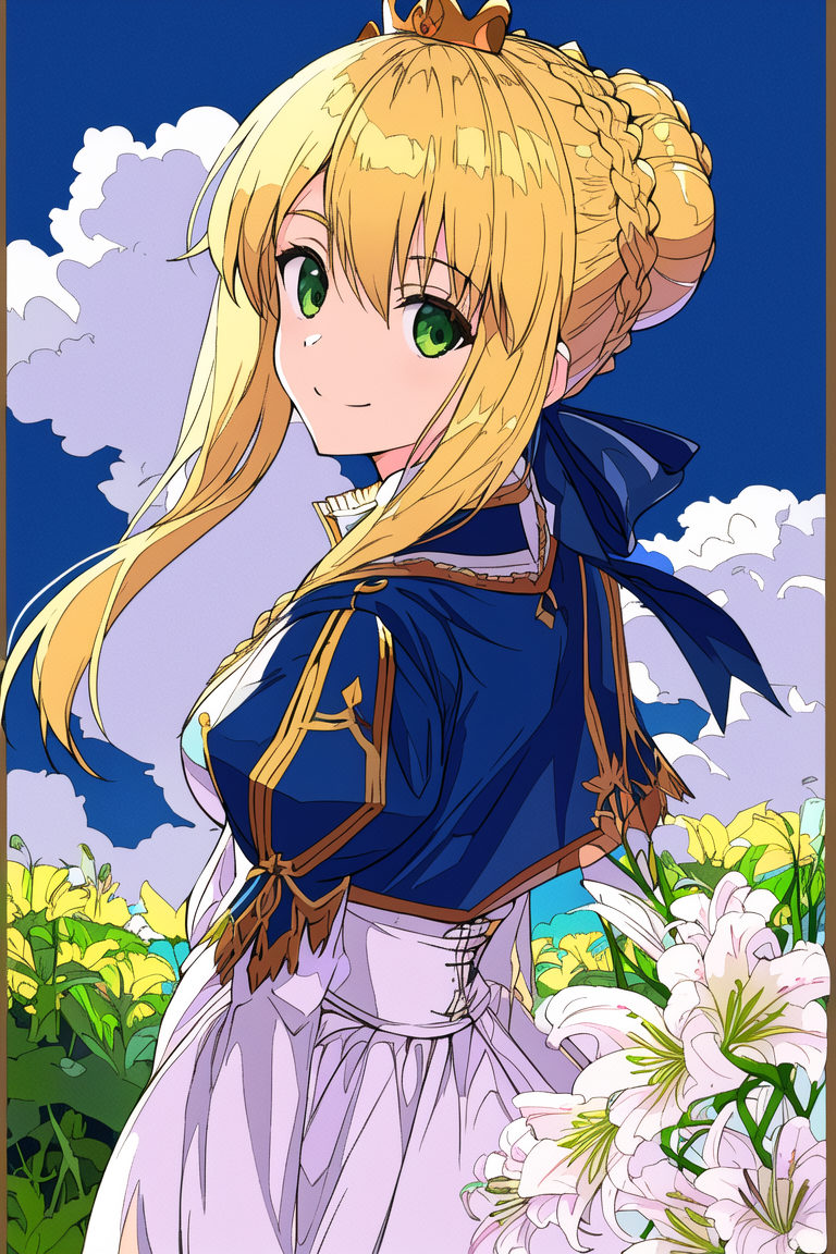 masterpiece, best quality, flat color,
artoria pendragon, (ligne claire),
blonde hair, blue white and gold,
1girl, mini cr...