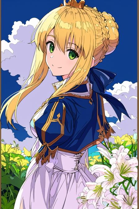 masterpiece, best quality, flat color,
artoria pendragon, (ligne claire),
blonde hair, blue white and gold,
1girl, mini crown, braided bun,
green eyes, smile,
from side, looking back at viewer,
clouds, lily flowers, depth of field, border