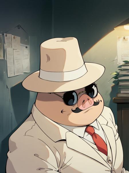 1boy, pig, porch rosso, monster boy, mustache, sunglasses, suit, hat, necktie,  trench coat, scarf, goggles, hat,