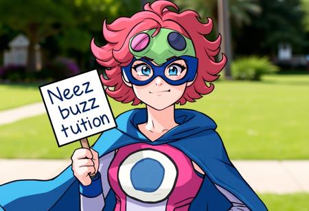 Mina ashido from my hero academia, wearing her hero costume, on side, holding sign "Need buzz for tuition"