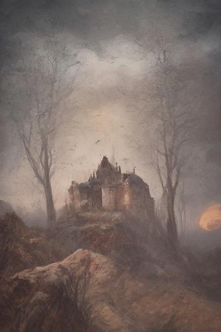 oil painting, of a castle on a cliff, forest, night, a flock of bats flying in the dark sky, reddish moon, clouds tainted red, dark theme, still life, shadows, haunted castle