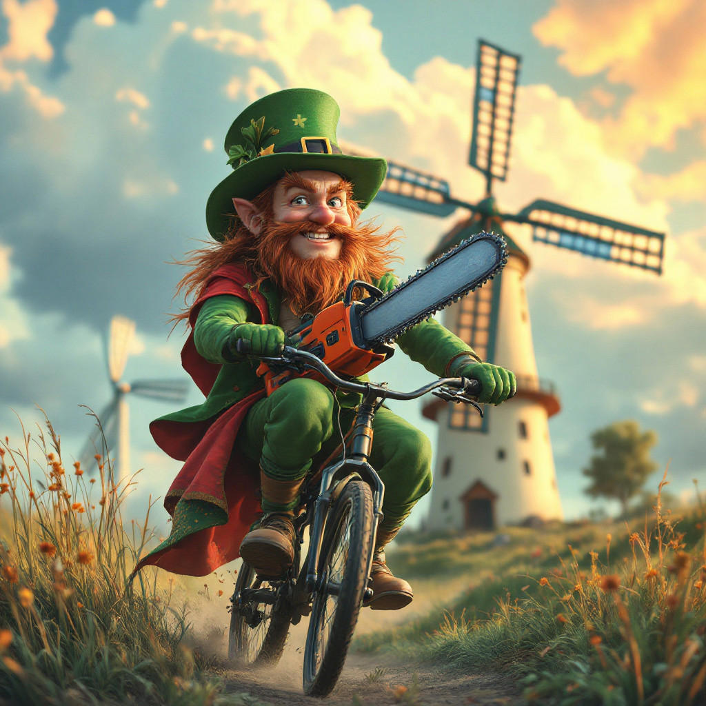 a leprechaun holding a chainsaw is riding on a bicycle in front of a windmill