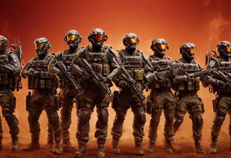 A group of elite mercenary warriors equipped with the latest weaponry and advanced technology, dressed in sleek, modern armor, ready for combat. They represent a diverse range of specialties including (((three riflemans, one medic, one machine gunner, one sniper, one battle mage, and one engineer.))) They stand together in a dynamic composition, each figure poised in a distinctive action pose, with a colorful, detailed background that complements their advanced equipment. Masterpiece, high quality, colorful background, different poses, different armor, different weapons, action poses, 4k, grenade launcher, machine-gun, assault rifle, sniper rifle