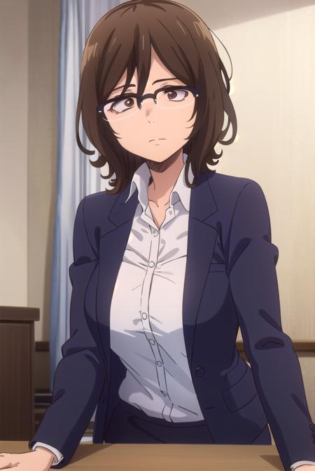 owarihajime, <lora:owari hajime s2-lora-nochekaiser:1>,
owari hajime, brown hair, (brown eyes:1.5), glasses, over-rim eyewear,
BREAK skirt, shirt, jacket, formal, suit, office lady,
BREAK indoors,
BREAK looking at viewer,
BREAK <lyco:GoodHands-beta2:1>, (masterpiece:1.2), best quality, high resolution, unity 8k wallpaper, (illustration:0.8), (beautiful detailed eyes:1.6), extremely detailed face, perfect lighting, extremely detailed CG, (perfect hands, perfect anatomy),