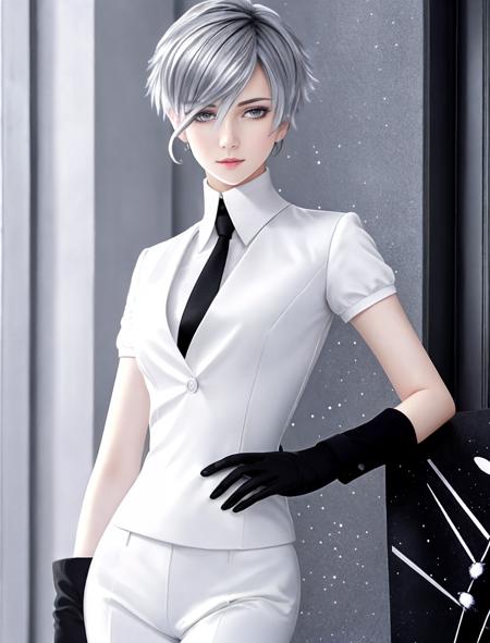 masterpiece, 8k uhd, absurdres, gorgeous girl, skinny, flat chest, very short grey hair, glare, (sparkling hair,:1.1), short black gloves, white suit, black tie, sunny day, winter <lora:Antarcticite_V2:0.8>