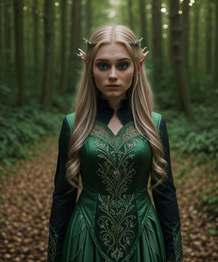 <lora:m3gd0n_04SD-000005:1.1>,(medium shot:1.2) photograph of (beautiful 22 year old) (m3gd0n:1.2) woman with blonde hair,as a elven fairy,elegantly dressed as an elf, stands amidst the enchanted forest,raven-black tresses cascade down her back in straight strands, while she gazes intently into the viewers eyes with a mysterious and otherworldly air, (wearing a beautiful elegant elf gown), casting a magical appearance, forest surrounding her bursts with vibrant greenery and whimsical details like shimmering leaves, sparkling fairy lights, (intricately carved wooden house structures) in the background,face focus,(bokeh),facing viewer,photorealistic,rich details,clear shadows and highlights,realistic,intense,highly detailed,