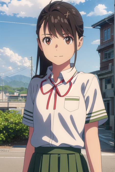 suzumeiwato, <lyco:suzume iwato movie-lyco-nochekaiser:1>,
suzume iwato, long hair, black hair, hair ornament, (brown eyes:1.5), hairclip, ponytail, smile,
BREAK skirt, shirt, ribbon, school uniform, white shirt, red ribbon, green skirt, long skirt,
BREAK outdoors, sky, day, cloud, sun,
BREAK looking at viewer, (cowboy shot:1.5),
BREAK <lyco:GoodHands-beta2:1>, (masterpiece:1.2), best quality, high resolution, unity 8k wallpaper, (illustration:0.8), (beautiful detailed eyes:1.6), extremely detailed face, perfect lighting, extremely detailed CG, (perfect hands, perfect anatomy),