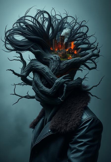 Subject: Tree entwined by multiple human-like arms
Arms: Wild, windswept black hair with exaggerated spikes, adding dynamic energy
Tree: Dark, moss-covered bark, central focus of the image
Environment: Miniature burning city integrated into his head, with flames, smoke, and crumbling buildings
Lighting: Soft and diffused, minimal highlights, emphasizing eerie shadows
Heavy leather jacket with fur-lined collar, detailed texture, dark tones
Mood: Creepy, mysterious, and otherworldly
Hyper-realistic surrealism with intricate details and dramatic contrasts