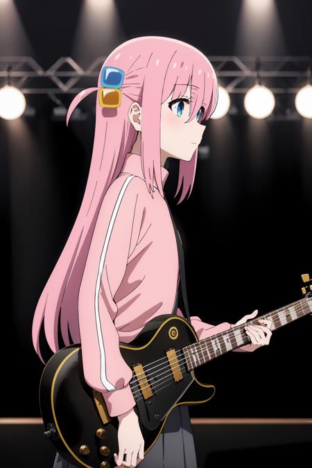 ((best quality)),((highly detailed)),masterpiece,absurdres,detailed face,beautiful face,(detailed eyes, deep eyes),1girl,((dynamic pose)) , <lora:BocchiLoraV1:0.7>, Bocchi, cube hair ornament, hair over eyes, instrument, long hair, pink hair, solo, electric guitar, hair ornament, jacket, holding instrument, guitar, skirt, track jacket, holding, gibson les paul, pink jacket, playing instrument, music, pants under skirt, one side up, long sleeves, grey skirt, blurry, pleated skirt, black skirt, blurry background, very long hair, standing, bangs, faceless female, pants, indoors, long skirt, faceless, leaning forward, plectrum, sidelocks, from side, track pants,((cowboy shot)), stage, backlights,