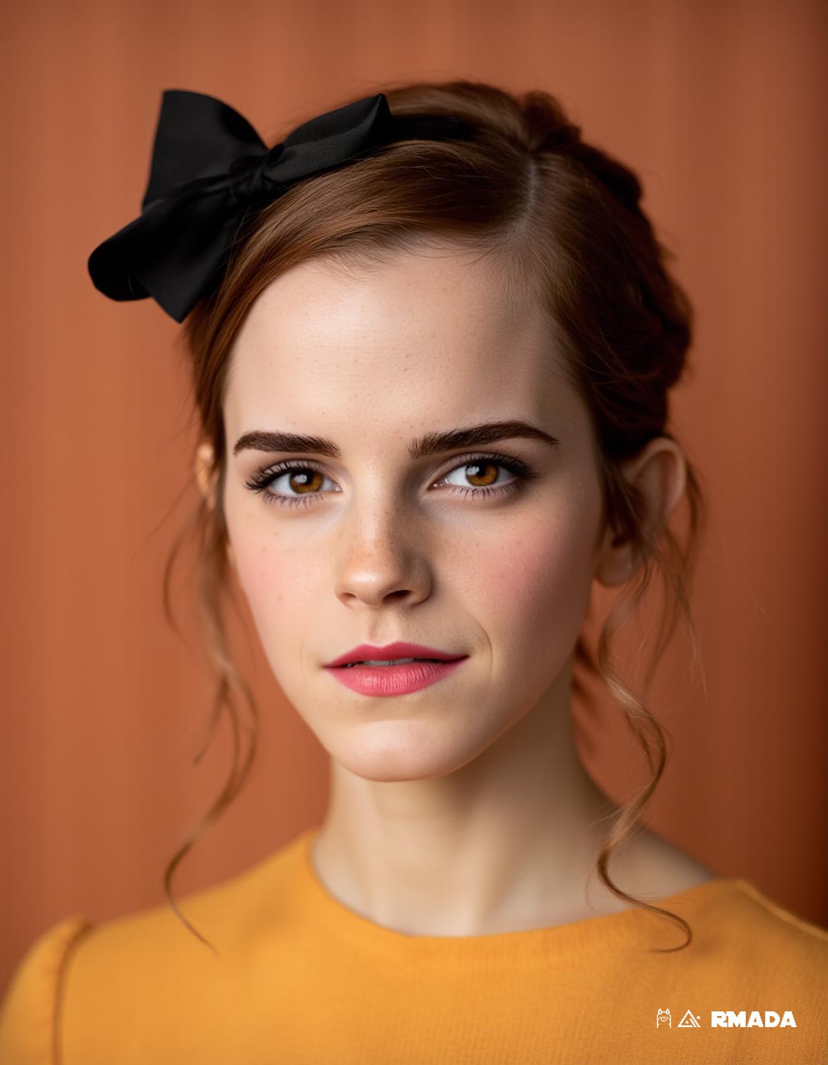 Emma Watson stands in front of a vintage photo shoot backdrop, which is a soft, warm color palette that contrasts beautifully with the background. The camera angles are precise and professional, capturing every detail of Emma's face and posture. Her hair is styled in a loose, curly bun, which adds to her overall femininity. She wears a black bow on the left side of her bangs, which adds a touch of elegance to her outfit. The photo was taken by photographer Lou, who has a unique style that blends vintage photography with modern aesthetics. The colors used are bright and saturated, creating a sense of energy and excitement. Emma's eyes are bright yellow, adding a playful and energetic element to the picture. The background is a soft, warm color palette that contrasts beautifully with the photo, making it appear more realistic and timeless.