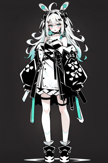 <lora:Solemn:1>, 1girl, solo, yellow jacket, blue eyes, blonde hair, dress, jacket, white background, full body, simple background, white footwear, shoes, white dress, standing, multicolored hair, socks, bow, open mouth, open clothes, looking at viewer, long hair, long sleeves, open jacket, bangs, thigh strap, collarbone, hair bow, hair ornament, one side up, off shoulder, blush, puffy long sleeves, bare shoulders, puffy sleeves, aqua hair, sleeves past wrists, two-tone hair, :o, white bow