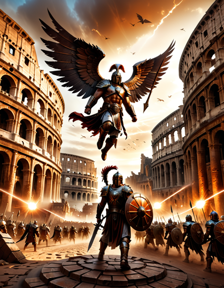 lazympos,high_quality,highres,beautiful,detailed,(masterpiece, best quality:1.2),absurdres,8k,HDR,retro,
brown Colosseum background of a brown city (fantasy). In the center of background a brown Ancient Roman gladiators,
with winged helmet,brown shield in left hand and a warhammer glowing with red energy Pointing high into the air.,
<lora:EpicF4nta5yXL:0.5>,<lora:SDXLFaeTastic2400:0.3>,<lora:lazympos:1>,<lora:dvr-rst:0.8>,dvr-rst