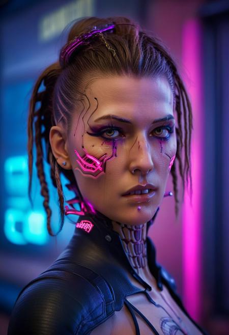 cyberpunk cthulhu, cyberpunk style, cyberware lines embedded in her/his face, his body is embedded with mechanical implants under the skin, robotic tentacles, neon purple and hot pink color palette, cinematic grading, power pose, glistening skin, shallow depth of field, futuristic police in the background, bokeh, night,