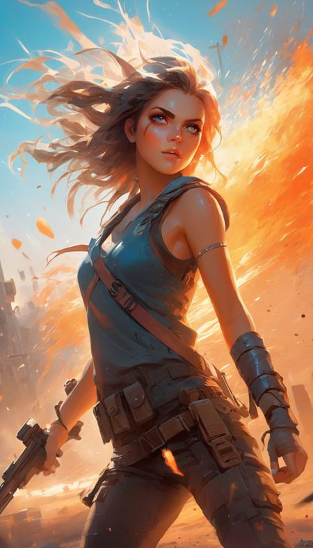 A beautiful female, dust, color explosions, wind, post apocalyptic, extremely beautiful detailed piercing eyes, hero view, action pose, cinematic scene, scenery, detailed background, masterpiece, best quality, high quality, highres, absurdres, very detailed, high resolution, sharp, sharp image, 8k, vivid, colorful, stunning, Toni Infante <lora:toni_infante_xl_v2:1.0>