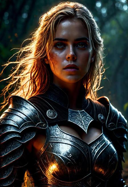 Ultra detailed digital art masterpiece Warrior girl dressed in a iron Armor, Standing on a battlefield at the head of an army of knights, where a bloody slaughter is taking place, standing in battle pose, a dark epic fantasy, perfect lighting, beautiful Kiernan Shipka as Warrior girl, attractive woman, elegant, sinewy athletic body, unreal engine 5 nanite quality, mixed with dark elements, dark environment, very stormy day, clean dark velour witch clothing, LOTR style, dark washed out eyeliner, no make up, natural bloody face, realistic brown eyes, ultra detailed atmospheric details, beautiful glowing effects, sparkle effects, realistic body proportions, beautiful face proportions, complex masterpiece, wavy blonde hair, creative glowing detailed tattoos, complex physics, enhanced colors, complimentary colors, ultra detailed raytracing reflections, Ultra detailed complex background, environment feels alive, direct eye contact, dramatic lighting, wet and sweaty skin, beautiful firm Breasts, Daylight, Concept art portrait by Greg Rutkowski, adding to the intense and dynamic atmosphere of the scene.