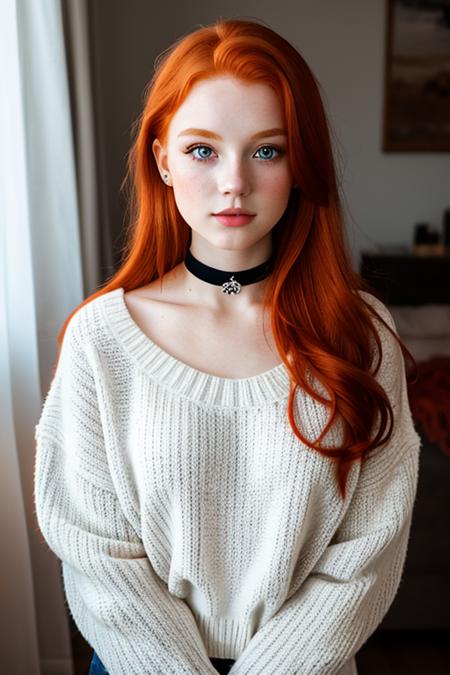raw photo, (18yo redhead girl:1.2), makeup, graphic eyeliner, (choker:0.9), realistic skin texture, oversize knit sweater, (red:0.8), softcore, warm lighting, cosy atmosphere