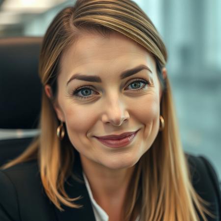 Closeup of a Woman boss face sitting in office with word "YOURE" written on her one eyelid and "FIRED" on her other eyelid, with slight smile