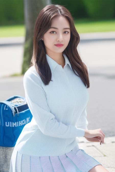 <lora:twiceJihyoV1:1>,Jihyo,1girl,woman,complex 3d render ultra detailed, smile, portrait of beautiful woman, moody portrait, striking features, beauty, intricate details, dramatic composition, tension, contrast, texture, realism, high-quality rendering, stunning art, high quality, film grain, Fujifilm XT3,swirly bokeh,(realistic, photo-realistic:1.4),RAW photo,physically-based rendering,(looking at viewer:1.4),(8k, best quality, masterpiece:1.2),(full body shot:1.2),octane render,extremely detailed CG, unity 8k wallpaper,in street,urban,city,(studio soft light,sunlight:1.1),hyper realistic detail shiny skin,ultra detailed,(standing:1.1),(a girl is wearing school uniform:1.5),(ultra realistic:1.5),(intricate:1.1),(photorealistic:1.4),1girl,(skinny:1.3),detailed background ,(large breasts:1.1)