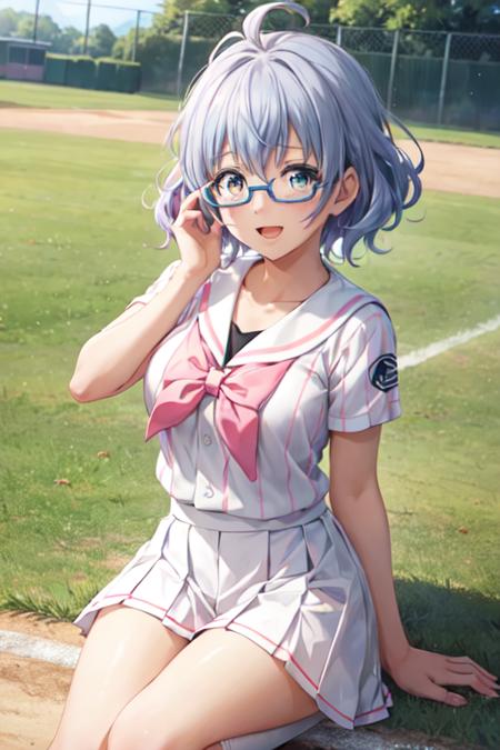 hatsuse white baseball_uniform pink vertical-striped pleated skirt sailor_collar