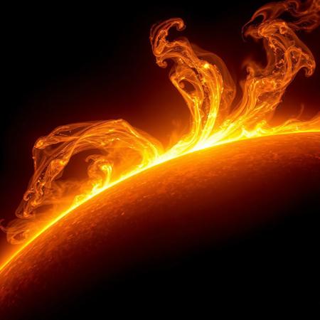 ultrarealistic UHD highly detailed 16K RAW photographic image of solar protuberance, the photograph captures a moment of celestial dance of fiery tendrils erupting from the Sun’s surface,  towering arc of incandescent plasma rises from the Sun’s surface, graciously bent and curved in the Sun's magnetic field, the contrast between the sun’s blinding brilliance and the pitch-black backdrop amplifies the protuberance’s otherworldly beauty, the image captures the raw untamable force, a moment of cosmic poetry where light and shadow converge in a visual masterpiece