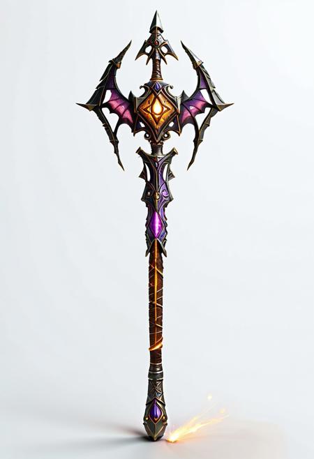 Side view, 2d game assets, Flat drawing without volume of ( MEDIEVAL IRON magical shaped batwing baton Magic Wand made of purpure STEEL), with STEEL handle COVERED WITH MAGIC GLOWING RUNES, ultra detailed, enhanced, native maya style, simple white background