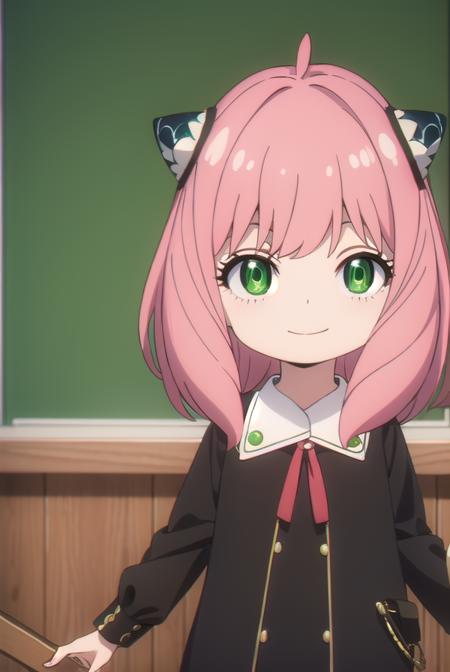 anyaforger, <lora:anya forger s1-lora-nochekaiser:1>,
anya forger, bangs, (green eyes:1.5), pink hair, ahoge, hair ornament, smile, child, female child,
BREAK long sleeves, dress, school uniform, socks, black dress, eden academy school uniform,
BREAK indoors, classroom,
BREAK looking at viewer, (cowboy shot:1.5),
BREAK <lyco:GoodHands-beta2:1>, (masterpiece:1.2), best quality, high resolution, unity 8k wallpaper, (illustration:0.8), (beautiful detailed eyes:1.6), extremely detailed face, perfect lighting, extremely detailed CG, (perfect hands, perfect anatomy),