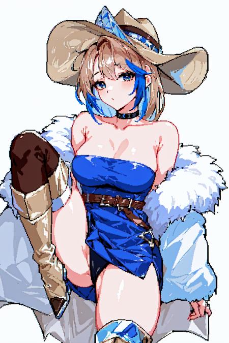 1girl, choker,strapless dress,cowboy hat, fur trim,multicolored hair,brown thighhighs, boots,gloves