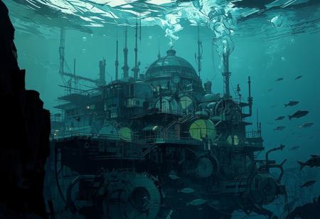 We are underwater, with exceptional visibility. From a great height, we observe a massive cliff plunging into the abyss. A vast underwater research station, almost a futuristic city and a mining extraction facility at the same time, stands at the edge of the abyss.
The station’s architecture is sleek and harmonious, made of glass and steel. A grand building with a colossal glass dome towers over numerous other structures, many of which also have small domes or cupolas. Multiple platforms house residential and research facilities, with scattered lights illuminating the underwater station and antennas spread throughout.
Numerous air bubbles rise from the station, drifting towards the surface. In the foreground, additional research domes, pipelines, conduits, and enormous underwater mining machines add to the station’s industrial activity. The water is crystal clear, allowing for an extensive view of various fish swimming in the distance.