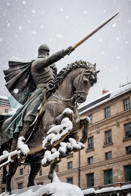cid statue ,  sword in hand <lora:El cid:0.67>   four paws , snow in the  background ,horse in rampant motion , snowing hard