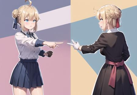 <lyco:pointingspider-08:0.7> pointingspider, short hair, bangs, blue eyes, multiple girls, skirt, blonde hair, simple background, shirt, gloves, long sleeves, dress, ribbon, 2girls, jewelry, jacket, hair ribbon, white shirt, braid, ahoge, pantyhose, hair bun, blue skirt, blue background, single hair bun, crossover, blue ribbon, blue jacket, brooch, french braid, brown gloves, !, braided bun, look-alike, pointing at another