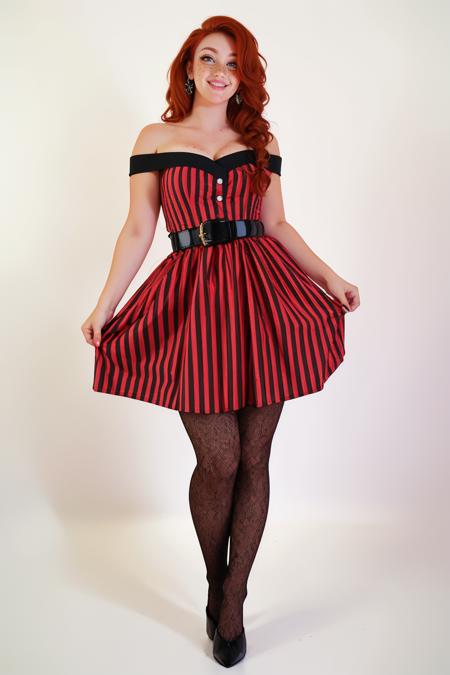 r3dsp1der, pantyhose,vertical stripes,belt,red dress