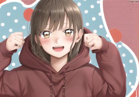 <lora:ChinatsuKano-08:0.7> ChinatsuKano, 1girl, solo, looking at viewer, blush, smile, open mouth, long sleeves, :d, teeth, hood, medium hair, twitter username, sleeves past wrists, hoodie, upper teeth only, hood down, polka dot, polka dot background, red hoodie