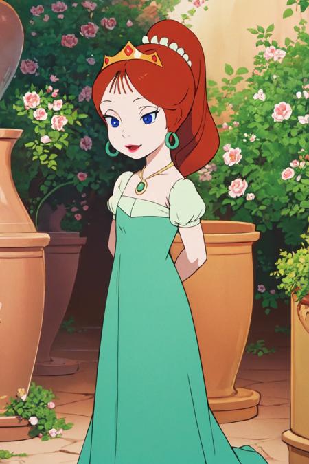 camille1, red hair, blue eyes, earrings, necklace, ponytail, tiara, green dress, pink lips