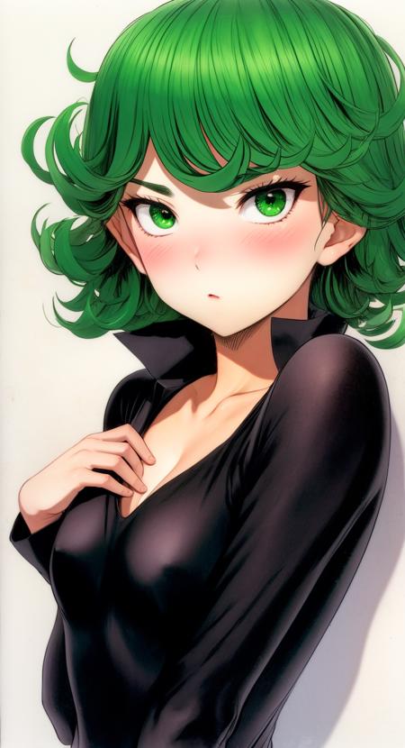 1girl, solo, tatsumaki, green hair, green eyes, dress, black dress, breasts, curly hair, looking at viewer, small breasts, short hair, upper body, blush, long sleeves, aura, collarbone, traditional media, bangs