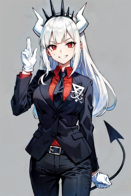 lucifer(helltaker), shirt, mole under eye, pants, white gloves, belt, demon horns, black necktie, looking at viewer, simple background, formal, demon girl, red eyes, smile, 1girl, white hair, tail, mole, grin, necktie, solo, suit, white horns, black pants, horns, large breasts, demon tail, jacket, red shirt, gloves, long hair<lora:lucifer:1>