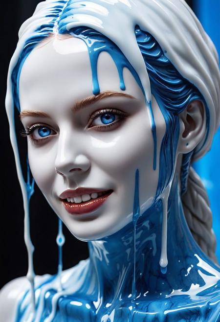 dark black marble sculpture, shape of a woman, covered with white slime, detailed realistic blue eyes, murderous intent, broken chin showing the empty inside, creepy smile, detailed white face, museum background, vibrant background, multi layered, diagonal view, back light, ultra sharp focus, high speed shot, vibrant color, high quality, highly detailed full body shot