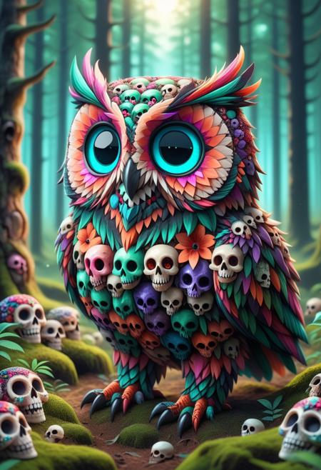 masterpiece,best quality,amazing quality, C0L0RFUL5KULLZ, owl made of colorful skulls, forest, depth of field, cute