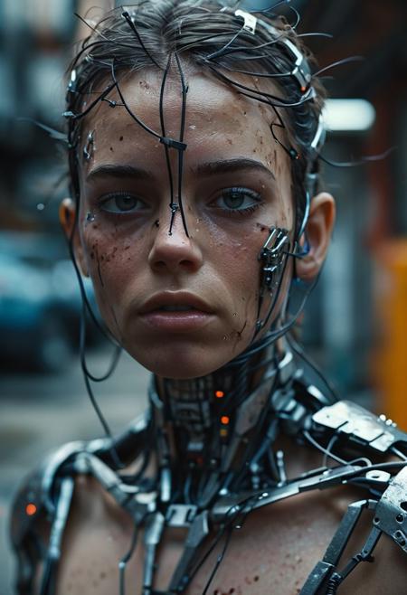 (hyperdetailed, cinematic, oscar-winning shot in camera canon eos r6 mark II, len ee 35mm, f2.6). Desolated city, ruin buildings, 22yo 1woman, cute face, cyborg body, thin and bold messy wires through her body, (human skin:1.2), (cyborg parts:1.5). desaturated colors, cold color shades, noise grain movie, cinematic lighting. Hyperdetailed, high-contrast, masterpiece, 8K, UHD, HDR. realisticvision-negative-embedding