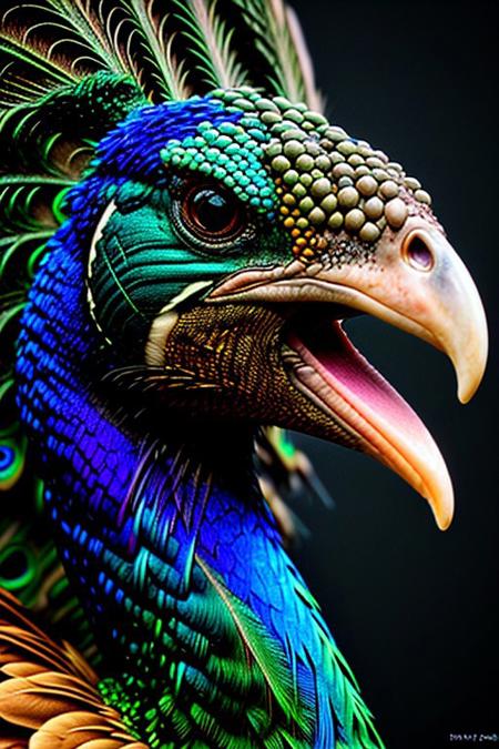 Create a photorealistic close up image of a peacock, feathers,vibrant colors and dark background, highly detailed, aesthetic, great lighting, extremely detailed,  award winning, perfect composition, a rich and complex image of nature, a vibrant tissue of hues and textures captured digitally, best quality, realistic, captivating, intricately detailed, hyper detailed, maximalist style, photorealist, sharp focus, dynamic lighting, superb composition, finest details, highest aesthetics, best quality, sharp focus, high contrast, stylized, clear, colorful, ultra quality, 8k, best quality, masterpiece,midjourneyv6.1, close up,