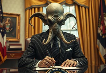president cthulu in a sharp pin striped suit posing for presidential portrait in the oval office, real photograph, signing bill, empty eyes, lovecraftian, vote for cthulu photorealistic, correct hands, correct fingers, seal of the president of the united states, ad to vote, republican, election