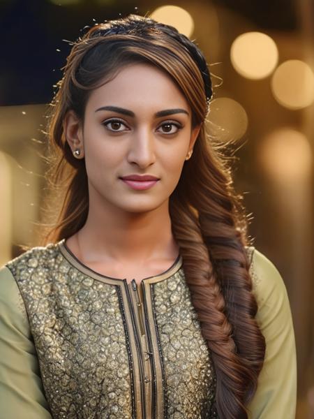 photo of Erica Fernandes woman, portrait, wearing conservative intricate Olive colored clothing, braids, , looking at the camera, brown eyes, night time,soft lighting, city lights in bokeh <lora:Erica_Fernandes_SDXL_LoRA_adafactor:1>