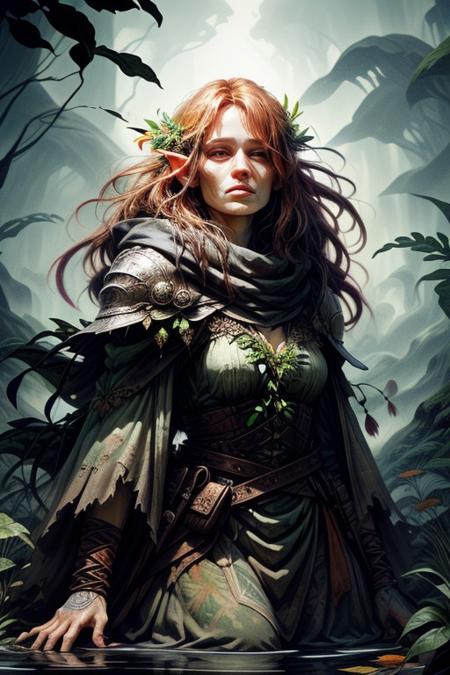 score_9, score_8_up, 8, score_7_up, score_6_up, solo,  
wizardcoreai, druidic, torso shot of a stunning Irish woman with a tired expression (fully clothed in natural leather, leaves, furs, no metal armor, wooden staff) looking up, botanical-champion, elf women, pale white skin, nature themed clothing, blending of leaves with metal, ginger hair, wading, tranquil river, waterfall, green druid tattoos, magical energy radiating, plant overgrowth,particle effects, enchanted field in background, colourful mushrooms, lightning crackling, shadowy backdrop, fantasy atmosphere, <lora:WizardCoreAIp:0.6> 
BREAK 
stunning beauty, detailed skin, skin texture, skin pores, (freckles:0.45). 8k, uhd, insane details, photorealism painting, realistic body, realistic eyes, realistic anatomy, cinematic lighting, (rim lighting, side lighting:1.4), bokeh, 4K, triadic colors
 dutch angle, 80 year old, 80 year old looking women,
BREAK
leaf clothing, leaf full sleeved shirt, leaf skirt, leather armor, 
BREAK
oil painting, BadDream, druid, negative_hand, NEG_EMBED_STABLE_YOGI_V3, FastNegativeV2, AissistV2
(detailed:1.3), (sharp focus:1.1), medieval style, (expressive face:1.2),, (intricate attire:1.1),